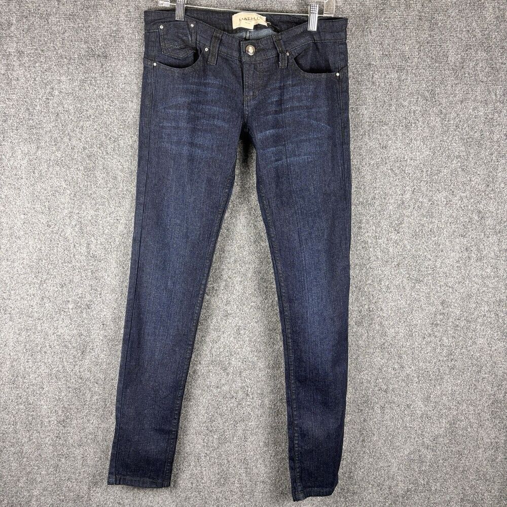 MATH.C Jeans Womens 9 Dark Wash Skinny Jeans Low Rise Crystal Button 31" Inseam